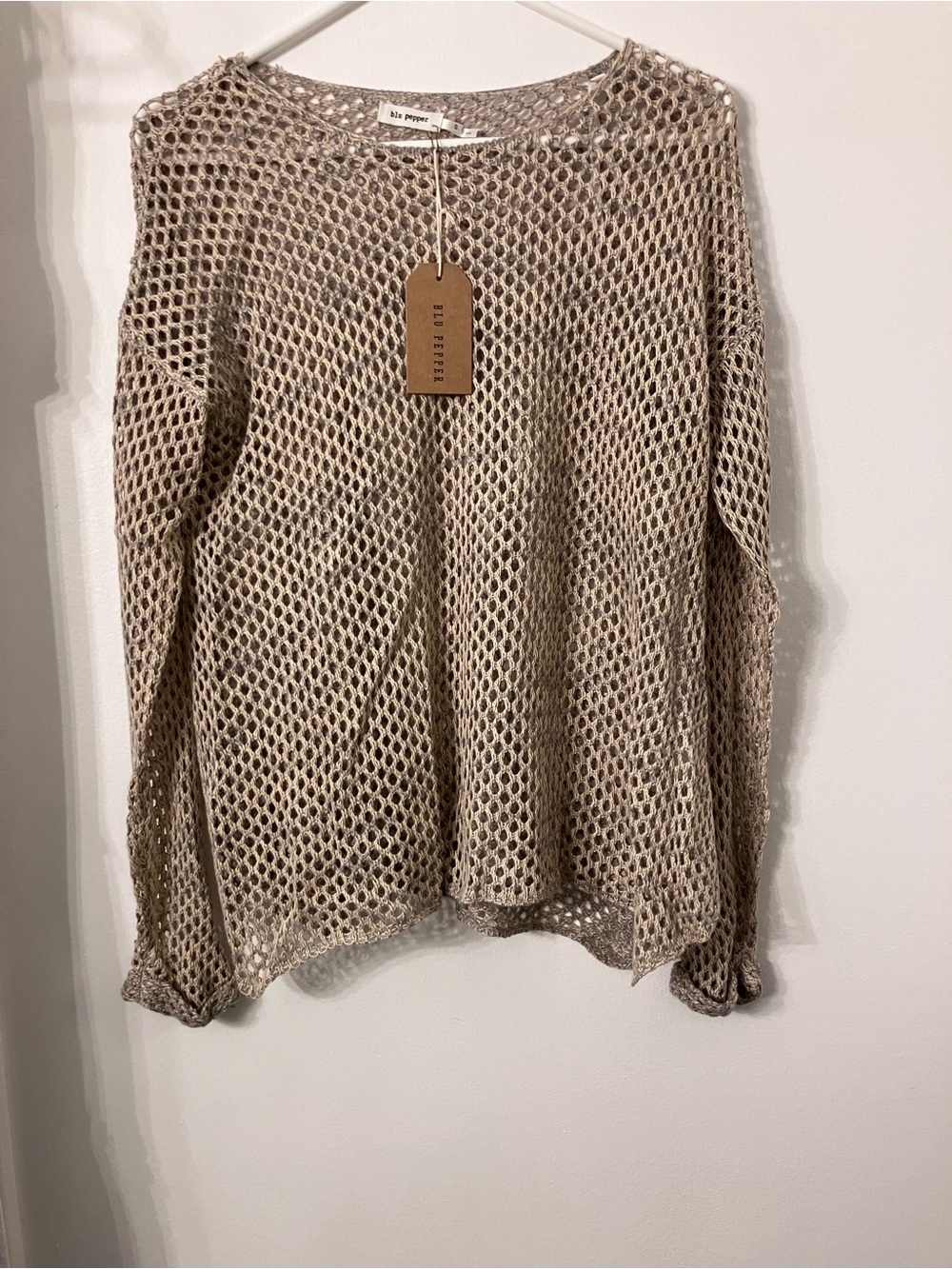 Blu Pepper Open-Knit Scoop Neck Sweater in Beige